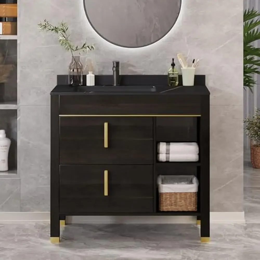 Bathroom Vanity Combo with Sintered Stone Countertop & Acrylic Basin Freestanding Storage Cabinet Laurentian Gold Handles Load