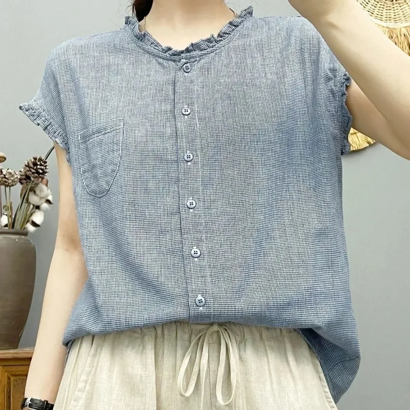 

Women's Plaid Cotton Blouse Ruffle Neck Sleeveless Casual Loose Shirt