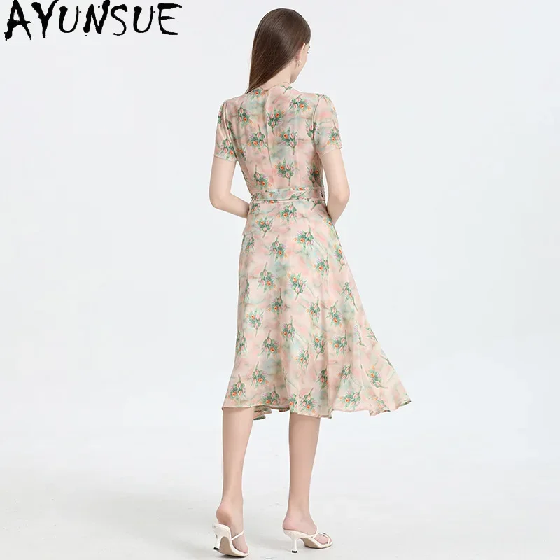 AYUNSUE 100% Real Mulberry Silk Dresses Summer 2024 Woman Pink Elegant Long Dress V Neck Fashion Women Clothing Vestidos Largos