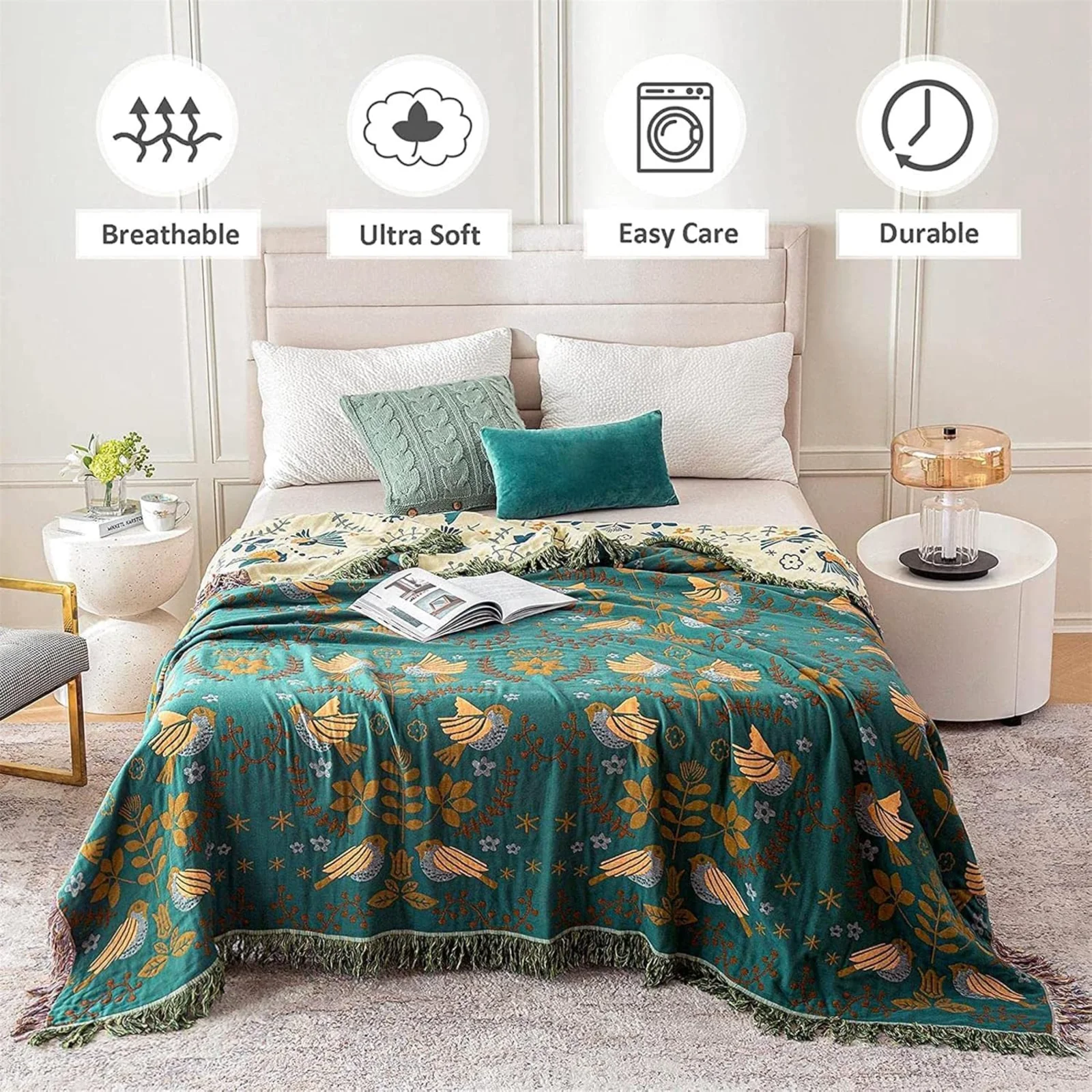 200x230cm Japanese Throw Cotton Gauze Sofa Cover Flower and Bird Pattern Embroidered Edge Four-season Bed Cover Blanket Towel