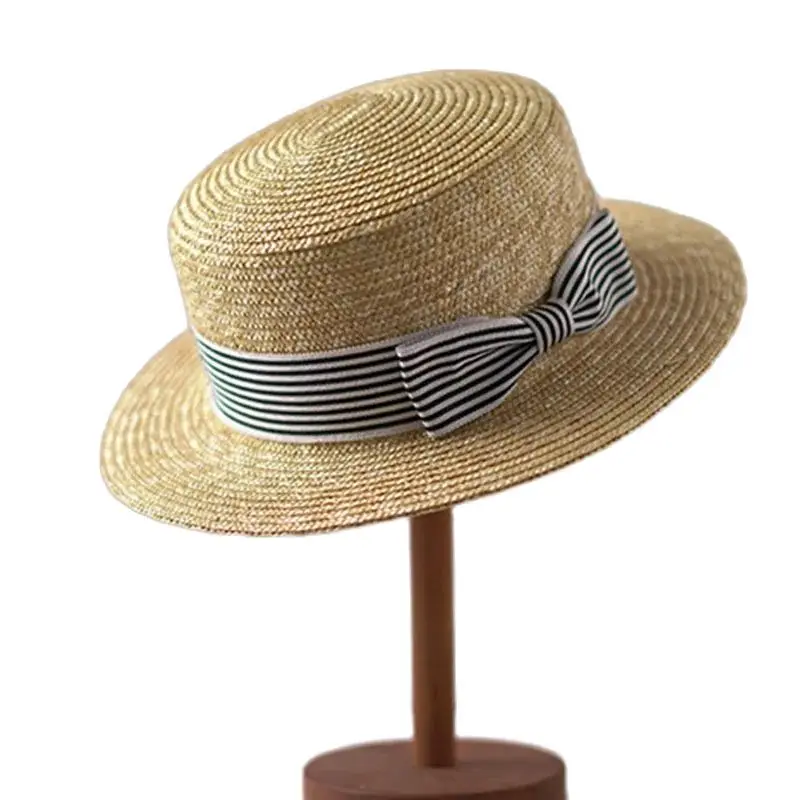Chapeaux de canotier à large bord, chapeau de soleil à dessus plat, nœud de ruban à rayures, Fedoras d'été, chapeau Derby pour dames, performance sur scène, fête sur la plage