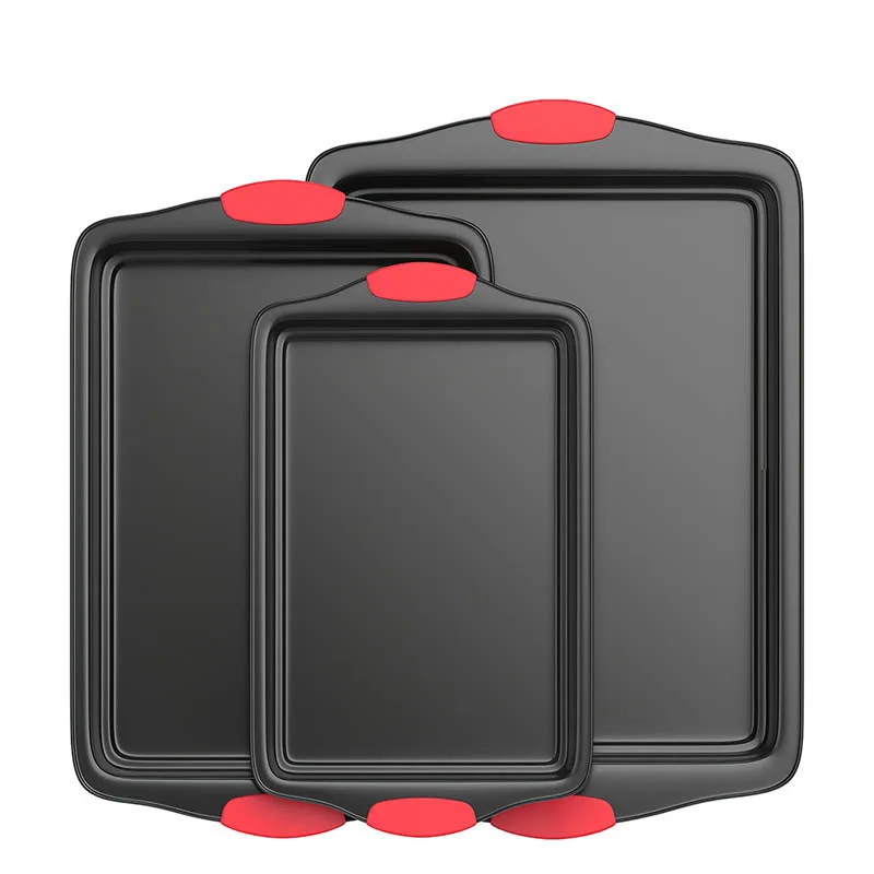 3-Piece Carbon Steel Baking Pans Nonstick Black Silicone Handles Stackable Baking Trays Set Non-Stick Coating Kitchen Bakers Pan