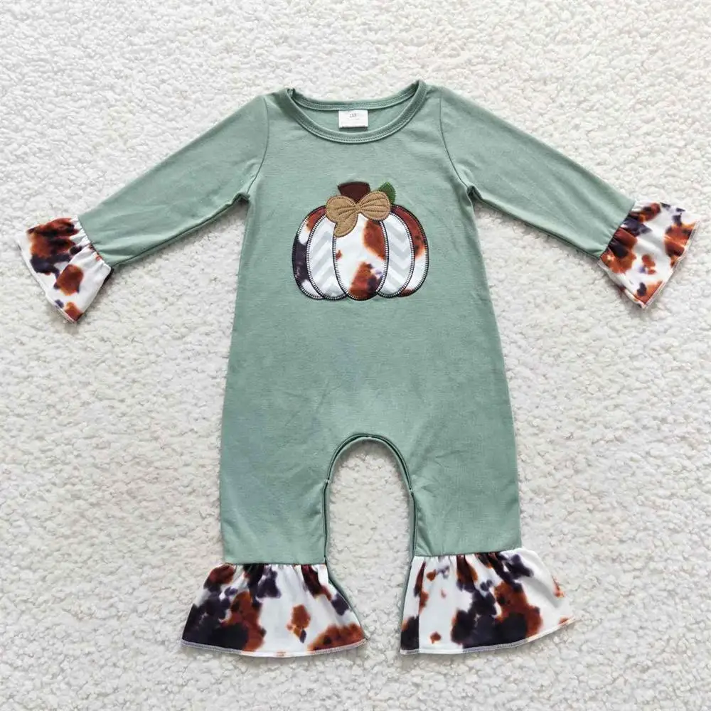 Wholesale Kids Thanksgiving Embroidery Pumpkin Romper Newborn Baby Girl Green Long Sleeves Toddler Children One-piece Jumpsuit