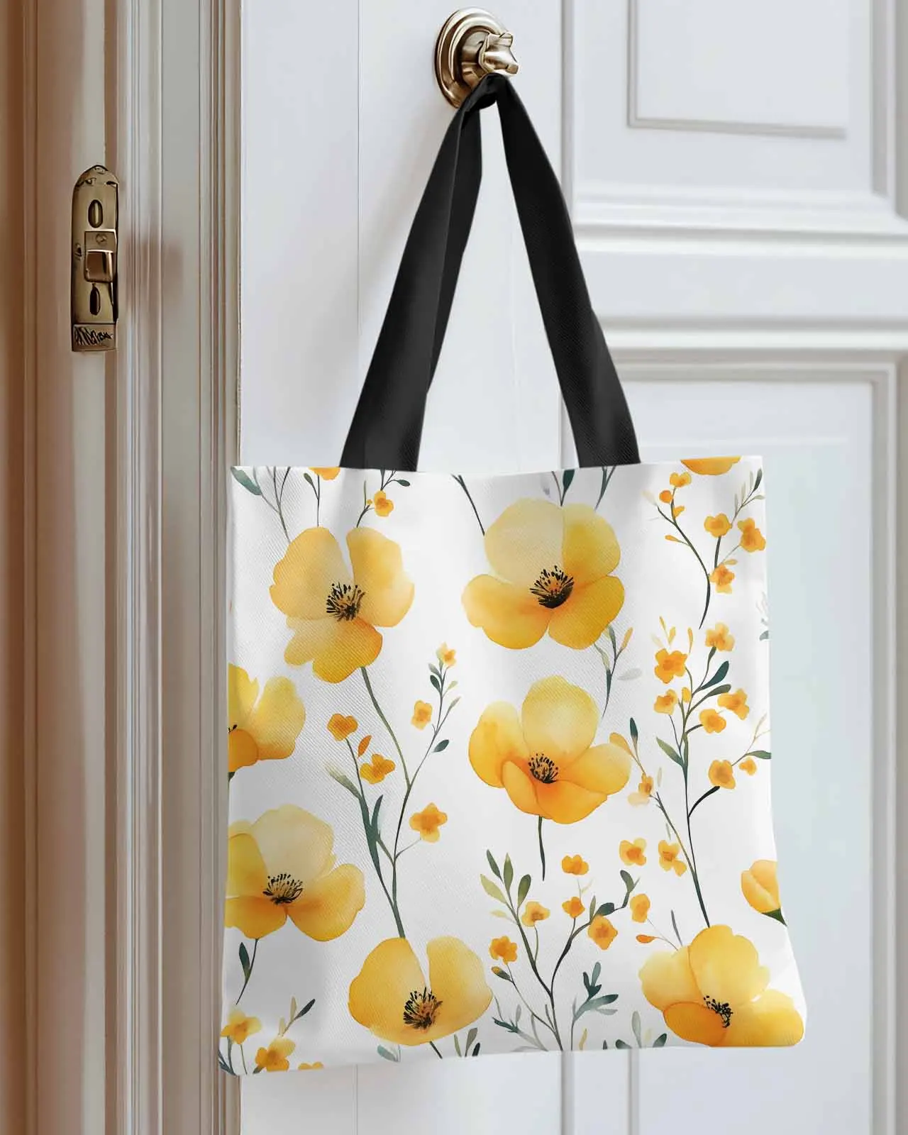 

Yellow Flower Herb Leaves Plant Canvas Bag Handbag Oxford Cloth Eco Shopping Storage Bag for Home Use