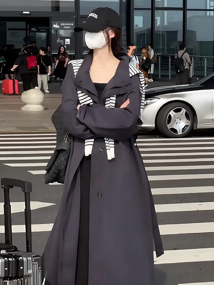 Elegancki płaszcz damski Faionable na jesień i zimę, nowy, luźny, mały rozmiar, midi, casualowy płaszcz, długi, ze stójką, zapinany na jeden guzik.