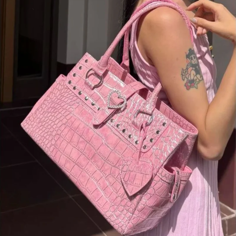 

Женская большая розовая сумка Y2k, дизайн большой емкости, роскошная сумка на плечо для девочек, сумки в стиле гранж, моторный стиль, женские большие кошельки 2025