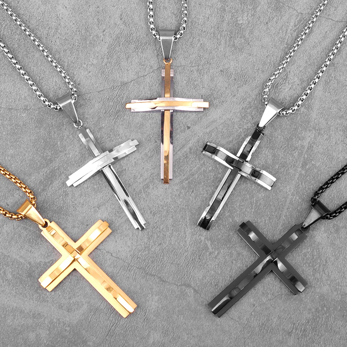 Stainless Steel Black Double Layers Cross Men Necklaces Pendants Chain Punk for Boyfriend Male Jewelry Creativity Gift Wholesale