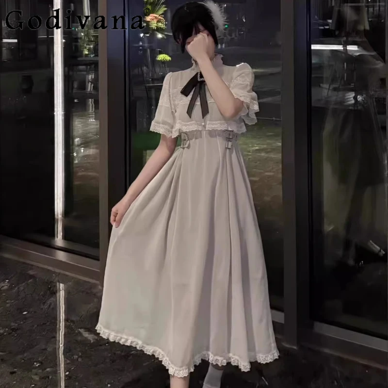 Abito giapponese a mantella in pizzo Rojita per ragazze Abito lungo stile gotico a mezza manica a vita alta Abito Lolita primavera estate da donna