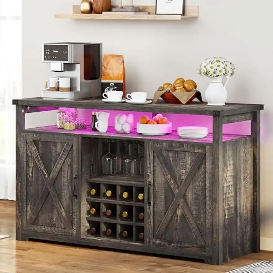 Home Liquor Coffee Bar Cabinet with LED Lights, 55