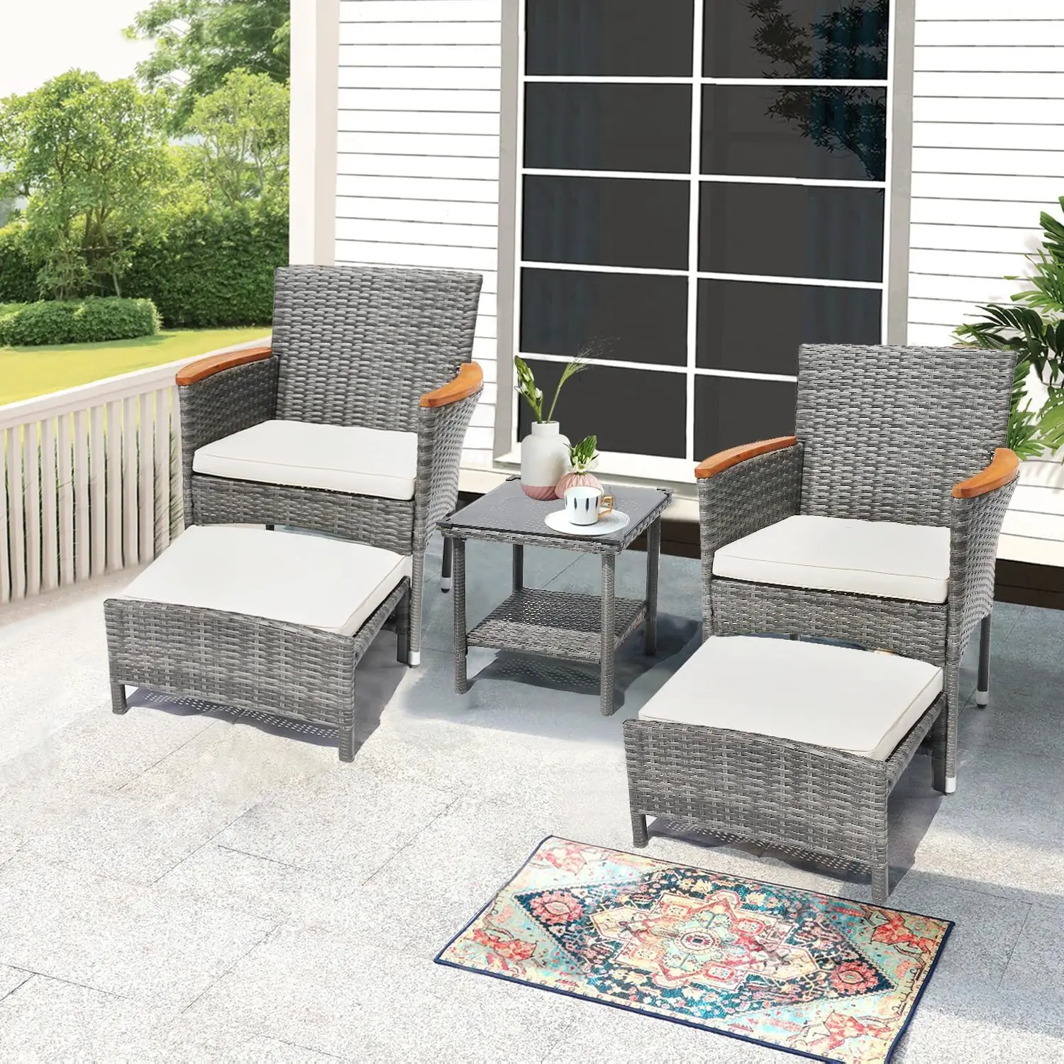 5 Piece Outdoor Patio Furniture Set with Table&Ottoman Outdoor Furniture Patio Set Bistro Wicker Patio Set of 2 Outside Lawn Cha