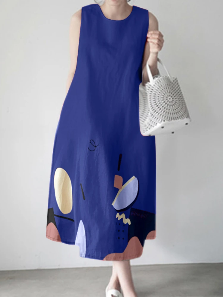 

ZANZEA Woman Fashion Printing A-Line Midi Dresses 2025 Summer Casual O-Neck Sleeveless Tank Vestidos Day Wear Loose Robes Femme