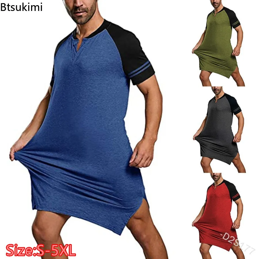 2024 New Men's Pajamas Short Sleeve Robe Fashion Patchwork Design O-neck Split Hem Home Wear Men Loose Casual Pullover Sleepwear