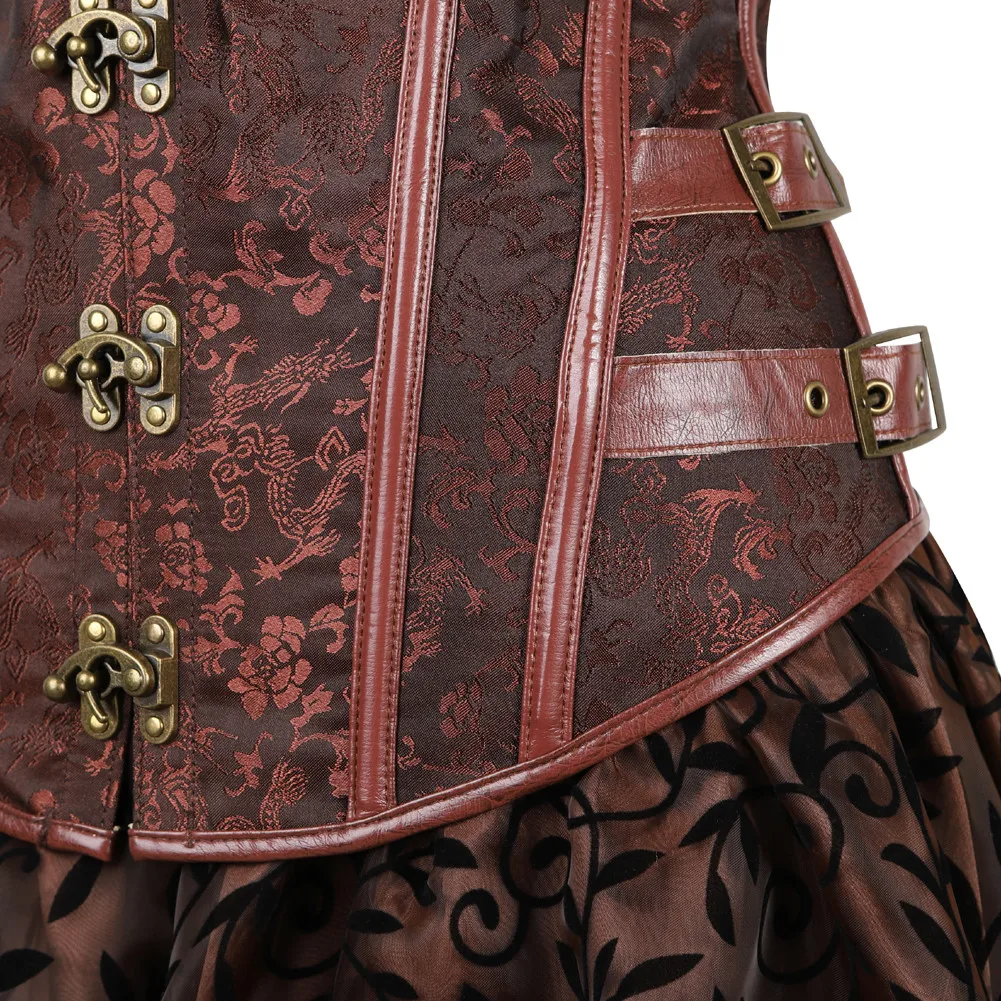 Steampunk Corset Bustier Dresses Skirt Set Burlesque Basques Women Plus Size Vintage Lingerie Pirate Brown