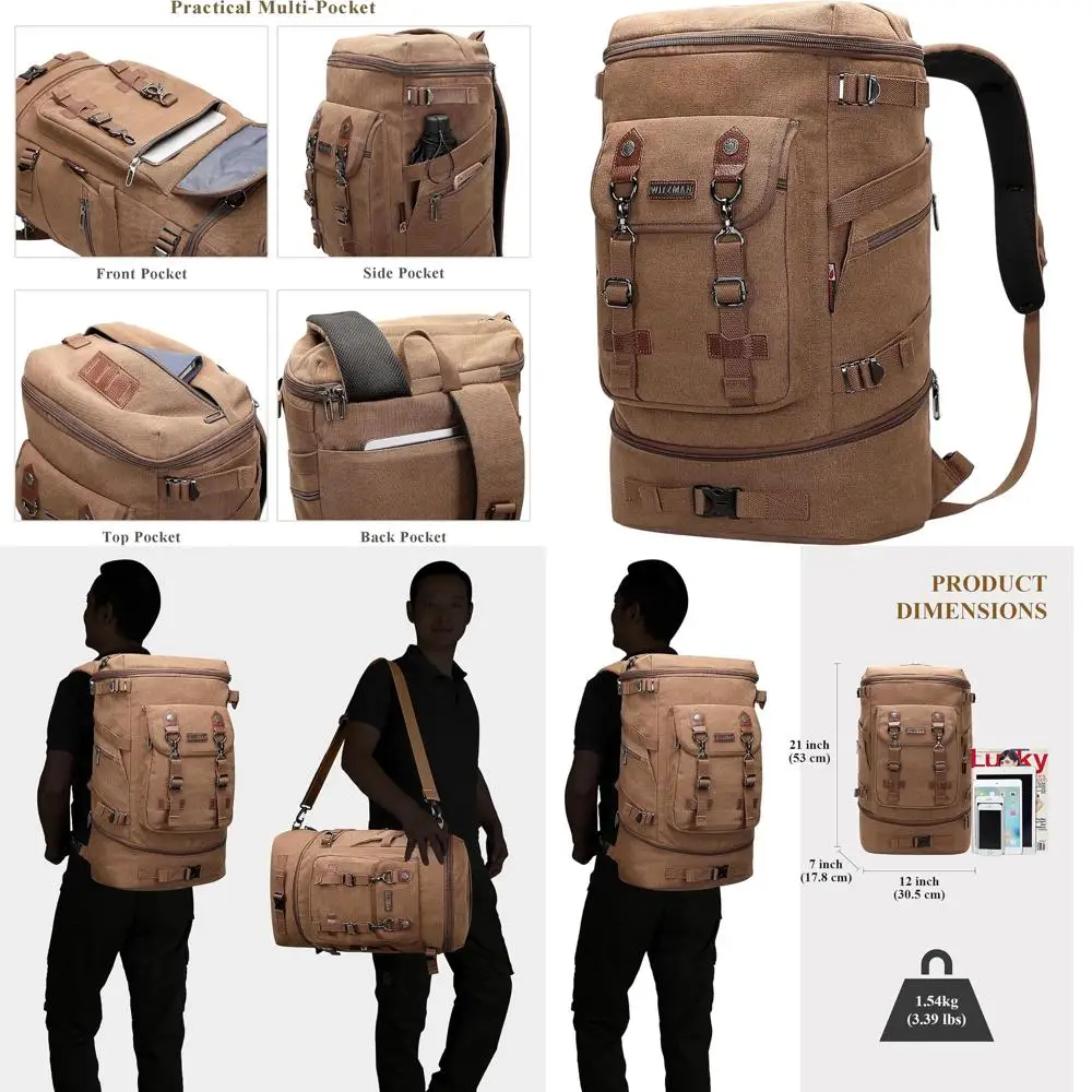 

Холщовый дорожный рюкзак унисекс-трансформер, большая вместимость для ручной клади (коричневый)