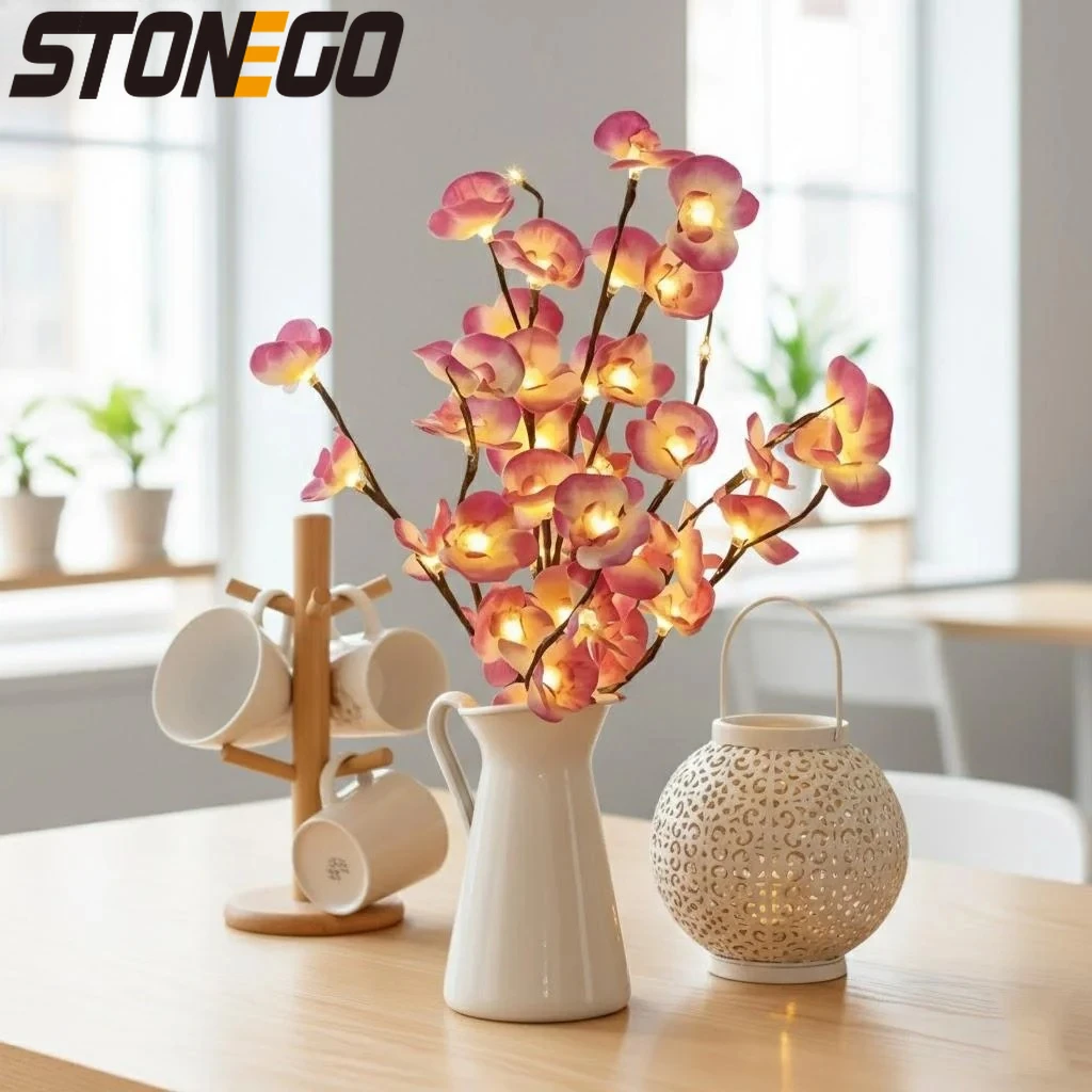 

20 светодиодных декоративных светильников в виде веток орхидей-бабочек, работающие от батареек, для домашнего освещения спальни, ночного освещения, для рождественского и праздничного декора