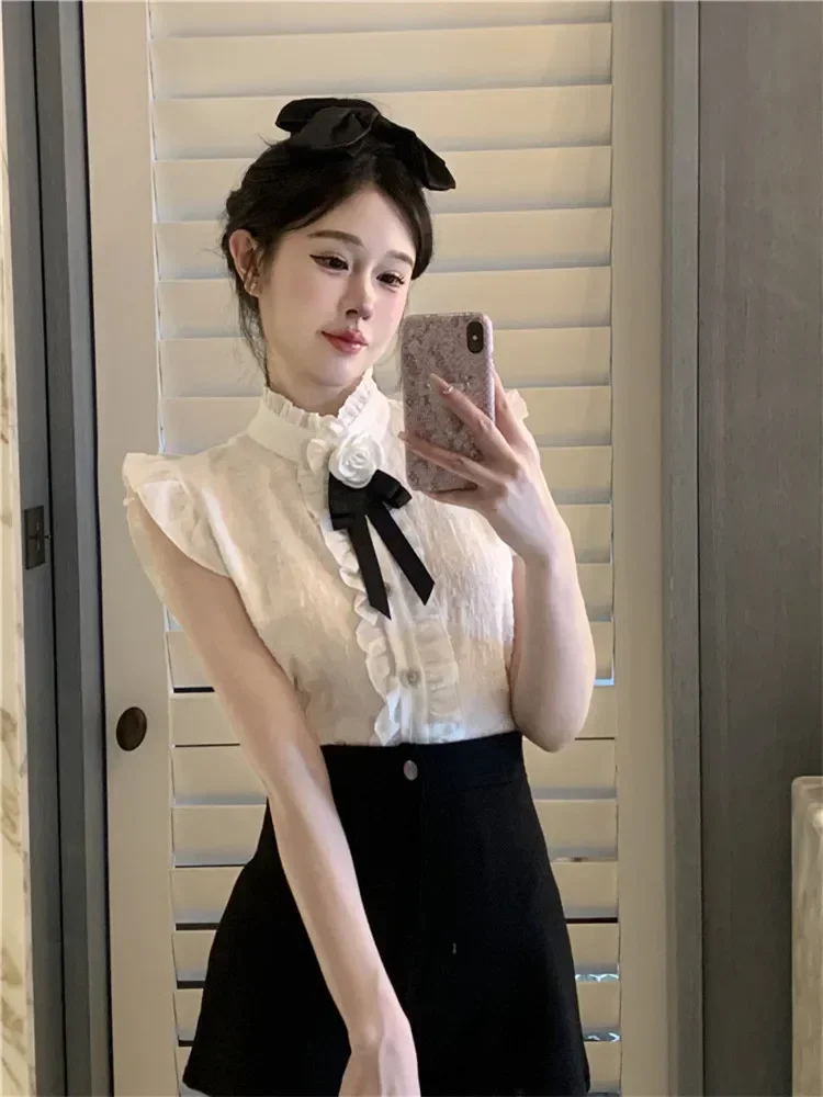 Stand Collar Sleeveless 3D Flower Bow Top Blouse New Spring Summer Fashion Women White Shirt Elegant Ruffled Bottoming Shirt