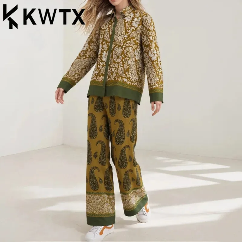 

KWTX Elegant Satin Print Blouse & Wide Leg Pants Set Gold Women's 2 Piece Outfit Spring Summer Casual Chic