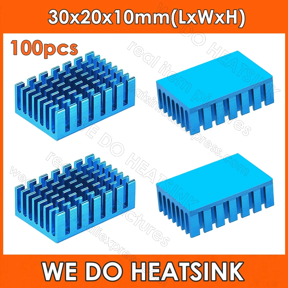 WE DO HEATSINK 100pcs 30x20x10mm Blue Slotted Anodized Cooling Heat Sink Aluminum With Thermal Tape Pad