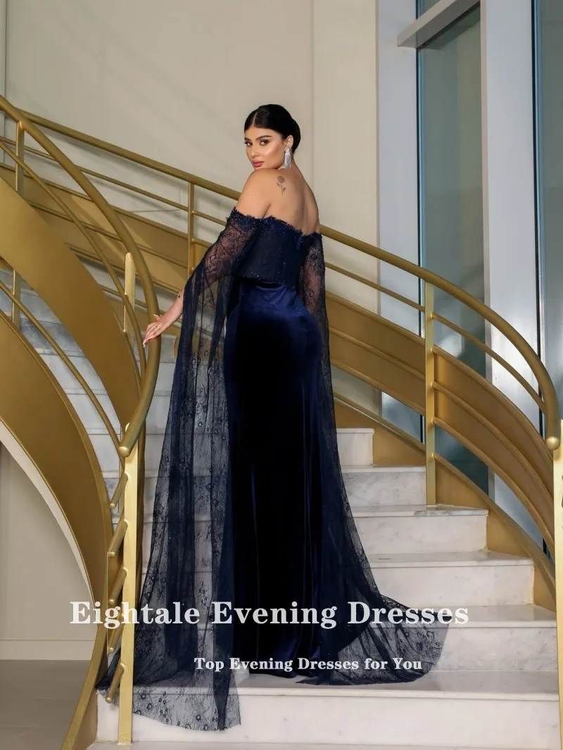 Eightale ベルベット イブニング ドレス 結婚式 パーティー用 カスタマイズされたストラップレス ビーズ ネイビー ブルー マーメイド 長袖 アラビア プロムドレス