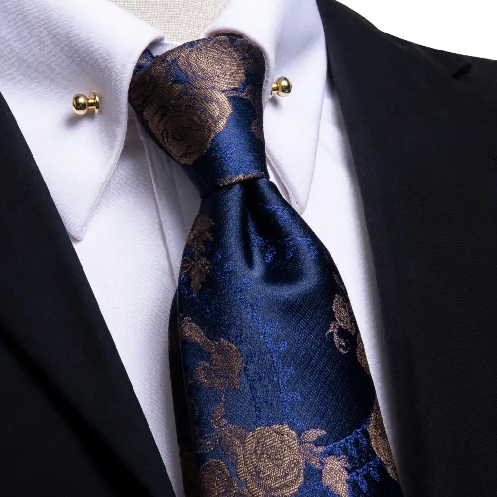 

Hi-Tie Design Navy Blue Brown Floral Silk Business Tie For Men Hanky Cufflink Men Wedding Necktie With Collar Pin Party Dropship