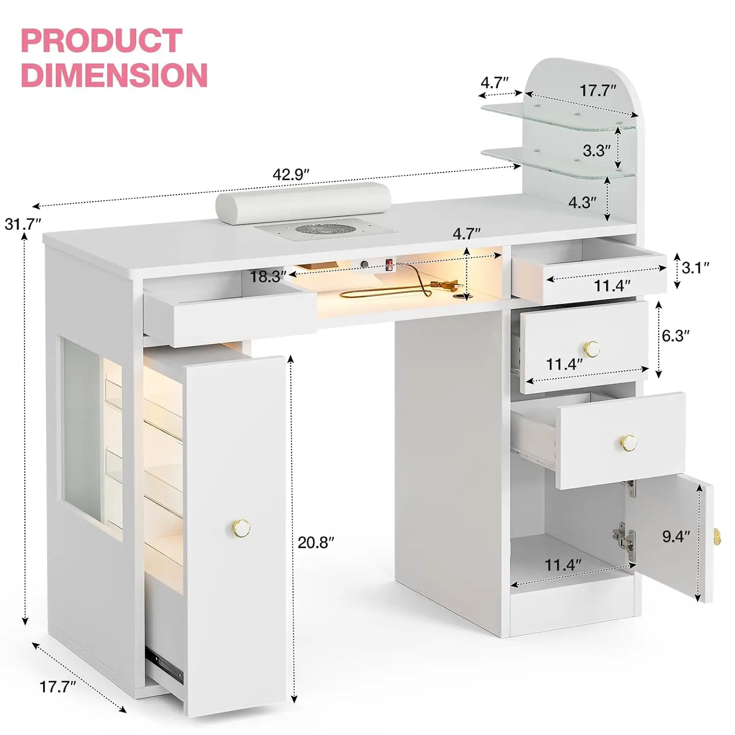 Manicure Table for Nail Tech w/ LED Light, Professional Nail Tech Desk, Customized