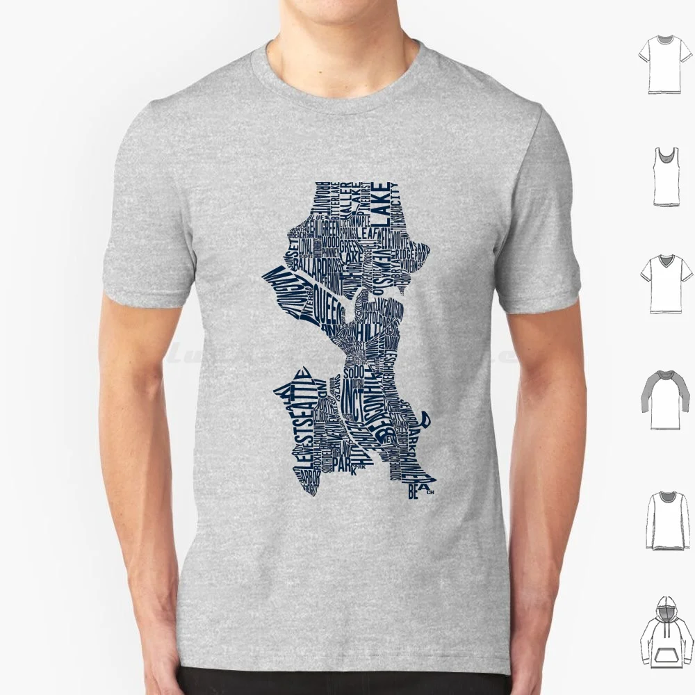 Map Of Seattle-Neighborhoods Typography T Shirt Big Size 100% Cotton Seattle Sea Seatown Sea Town 206 Seahawks Sonics