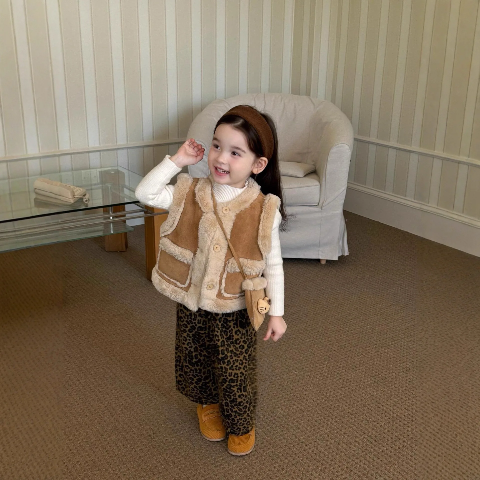 

Thiened Warmth Girls Set Winter Fce Vest Knitted Sweater Fce Lined Pants Trendy Children's Clothing Ensemble