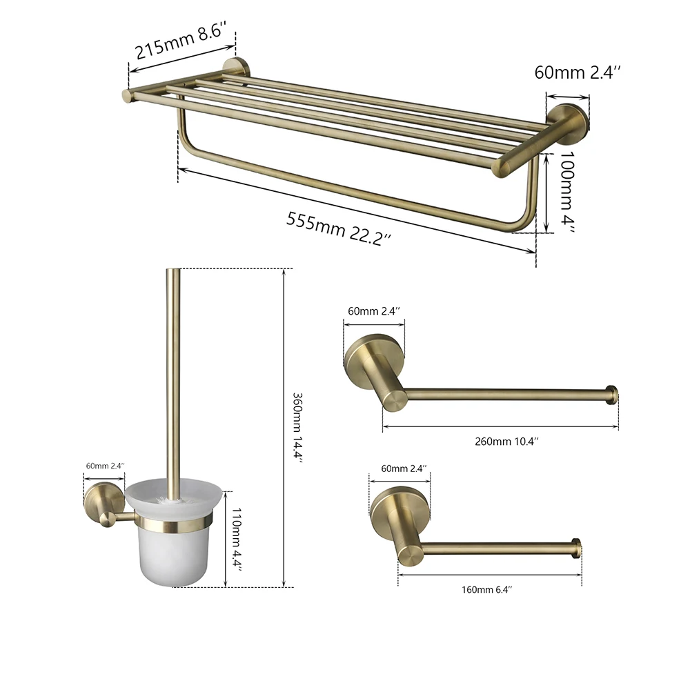 JIENI Wall Mounted Brushed Gold Bathroom Accessories Towel Holder Paper Roll Holder And Toilet Brush Circular Mounting Base