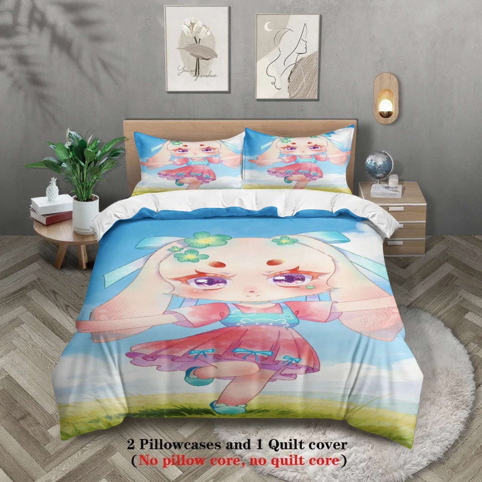 

Softville Cozy Town 3PCS Bedding Sets Lop Rabbit Blue Sky Meadow Printed Duvet Cover No filling Cartoon Style Queen King Size