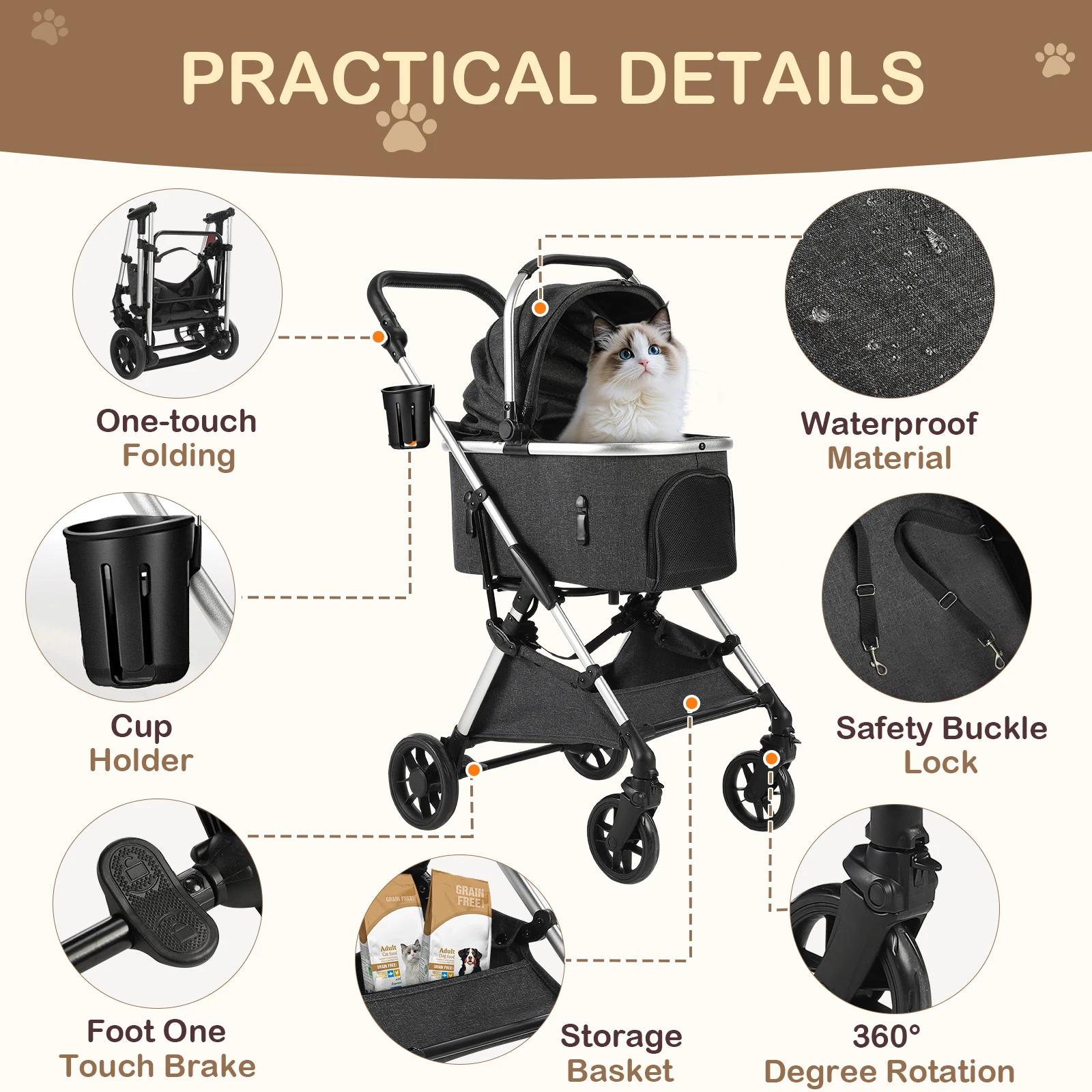 Faltbarer Kinderwagen mit Abdeckung, 4-Rad-Haustier-Kinderwagen für kleine/mittlere Hunde und Katzen mit Aufbewahrungskorb und Getränkehalter – Detail 7