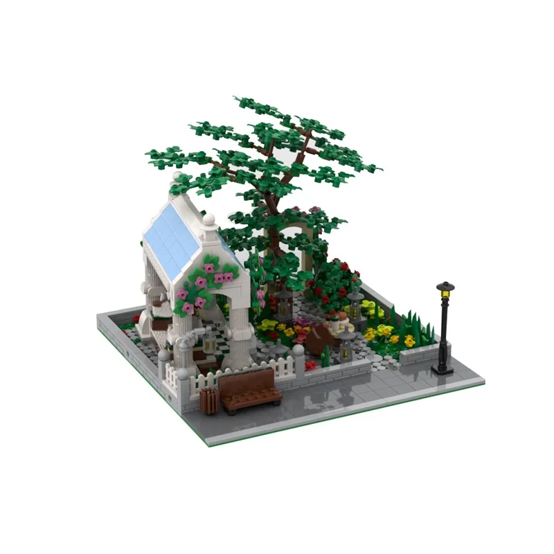 

MOC Modular Garden with Coffee Shop Model Building Blocks City Street Flower Plant Assembled Brick Toy DIY Creative Kids Gift