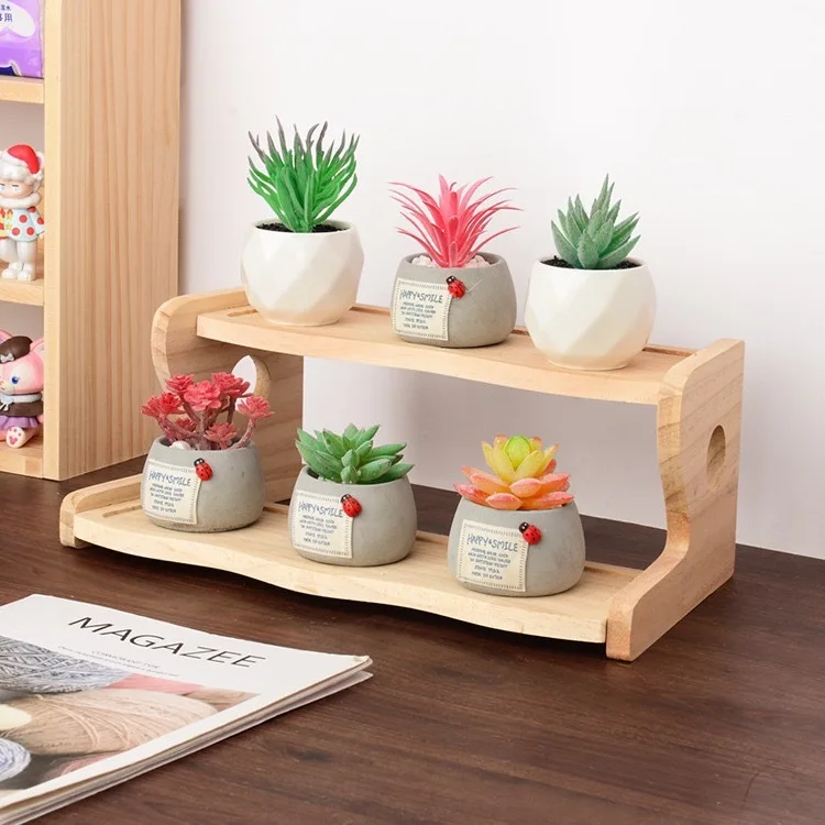 

Стойка для выставки товаров из цельного дерева, ступенчатое зеленое растение, бытовой настольный двухслойный игрушечный автомобиль, модель, стеллаж для хранения духов, косметики, ювелирных изделий