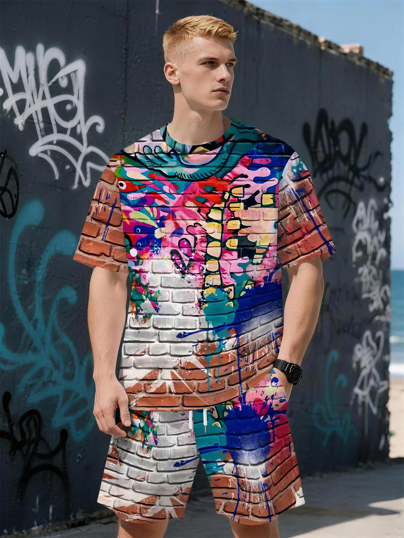 

2026 Summer New Men's Short-Sleeved Set with 3D Trendy Brand Pattern Printing Fashionable Street Style Comfortable and Soft