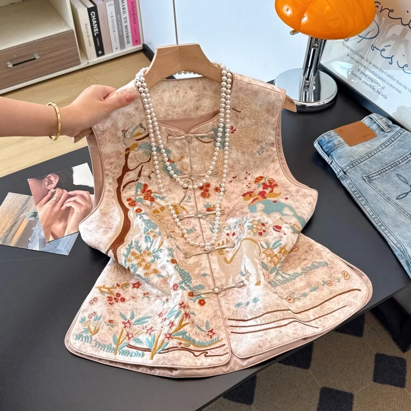 New Chinese Style Eastern Classical Revised round Neck Heavy Embroidery Kanchee Floral Patterned Vest Improved Top for Women