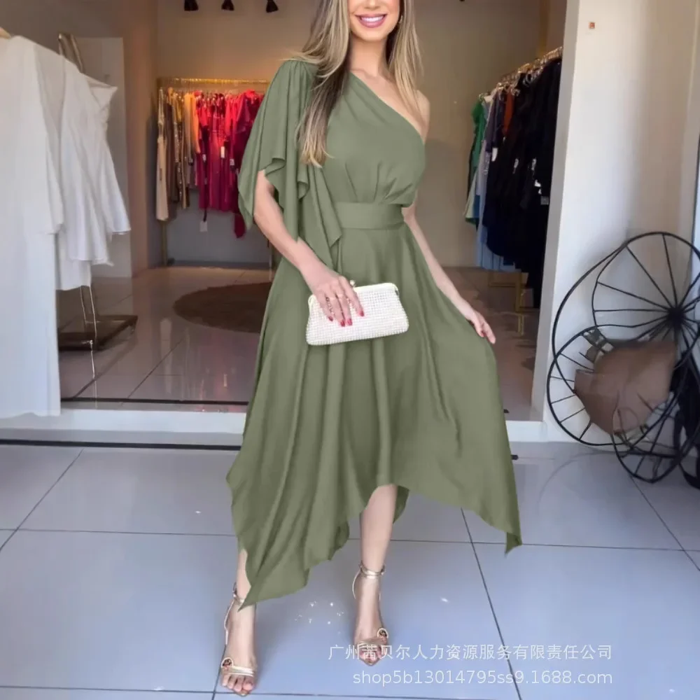 Feestjurk met vlinderdas, casual één schouder, asymmetrische mouw, ritssluiting aan de zijkant, taille, asymmetrische zoom, maxi-jurk met riem