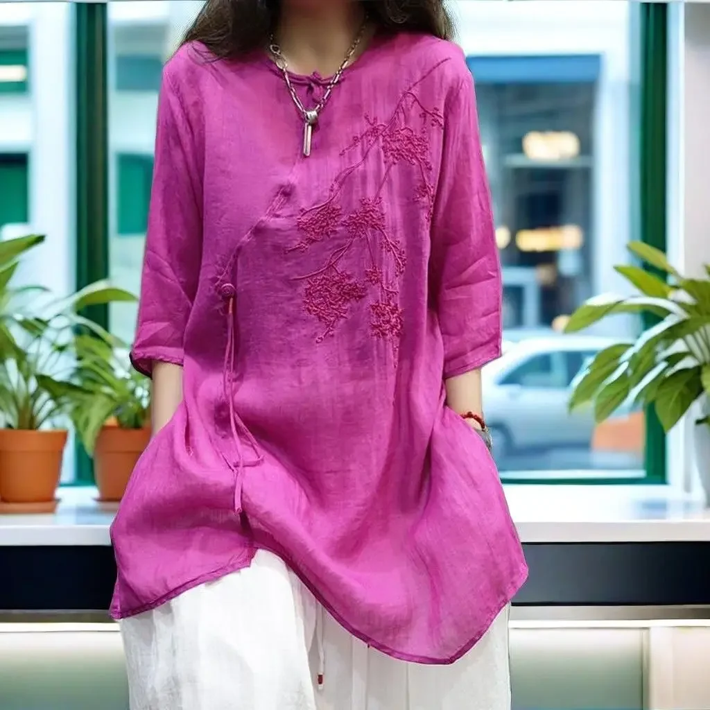 

Cotton and Linen Women's Summer New Ramie Buckle Retro Literary Heavy Industry Embroidery Loose Slim Fashionable Shirt JJ151