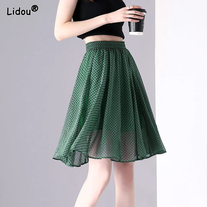 Women's Clothing 2023 New Fashion Elastic Waist Printing Korean Casual Dot Pattern Loose Elegant Summer Thin Knee Length Skirts