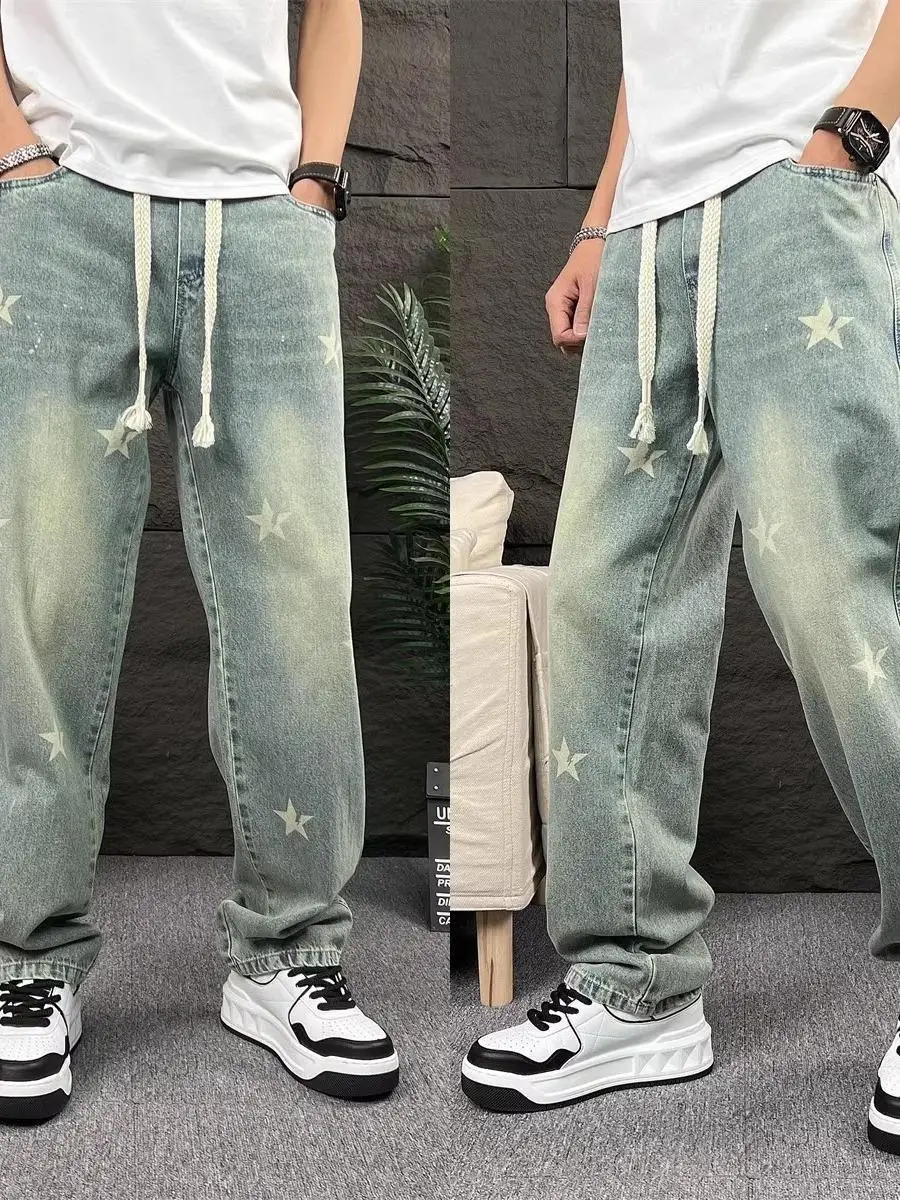 

Summer Large Size American Retro Straight Leg Jeans Loose Long Trousers for Young Men Casual Wear Polyester Fabric Wear Resis...