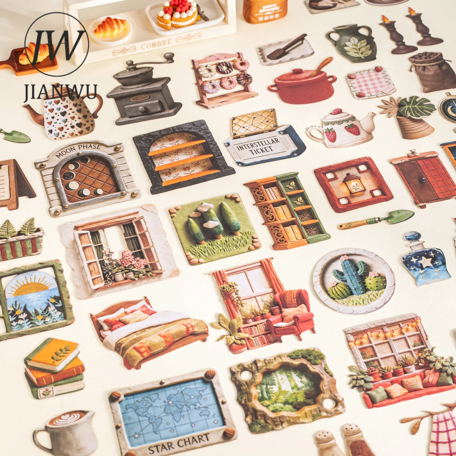 JIANWU Collection de Matériaux en Argile Souple Série Vie – Autocollants Créatifs pour Collages de Livres, Fleurs Vintage et Paysages – Papeterie DIY pour Journaux