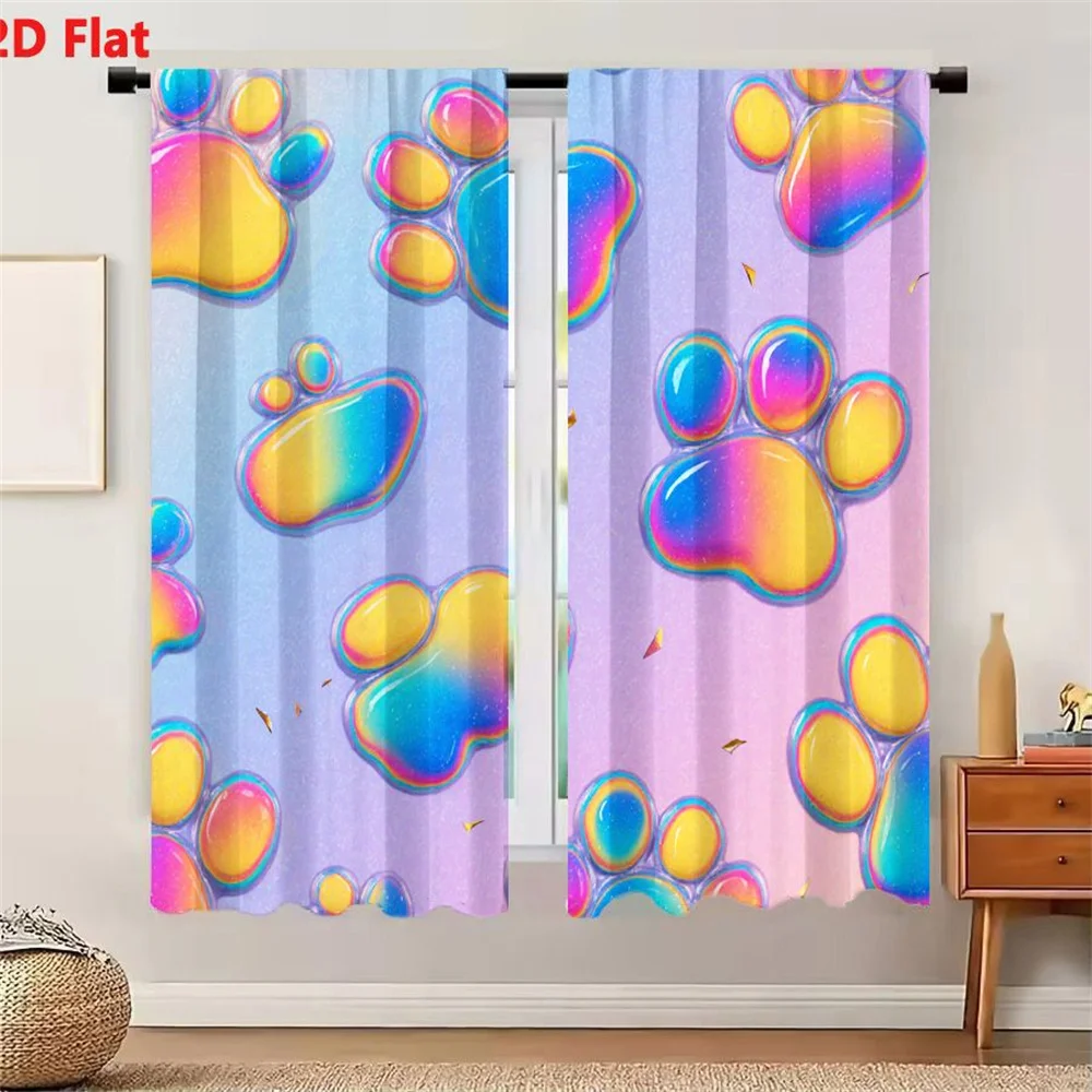 2Pcs Curtains 2D Flat Glossy Iridescent Paw Prints Pattern On Soft Pastel Purple And Blue Background With Gradient Yellow Pink B