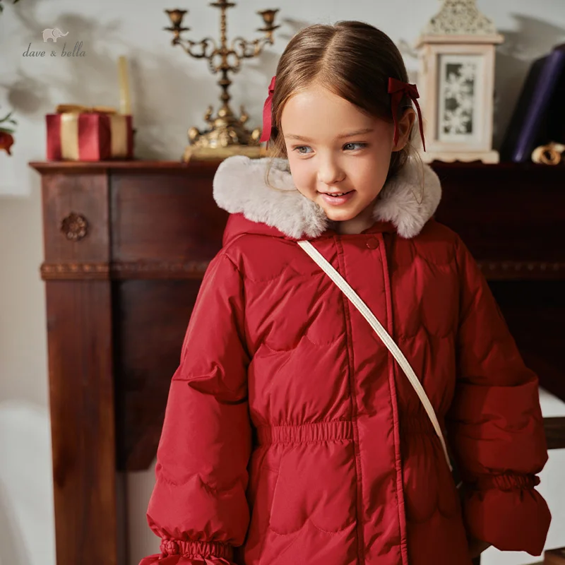 Dave Bella Children's Down Jacket Mid-Length Girls 90% White Duck Down Warm Coat Kids Hooded Red Down Coat DK4242931