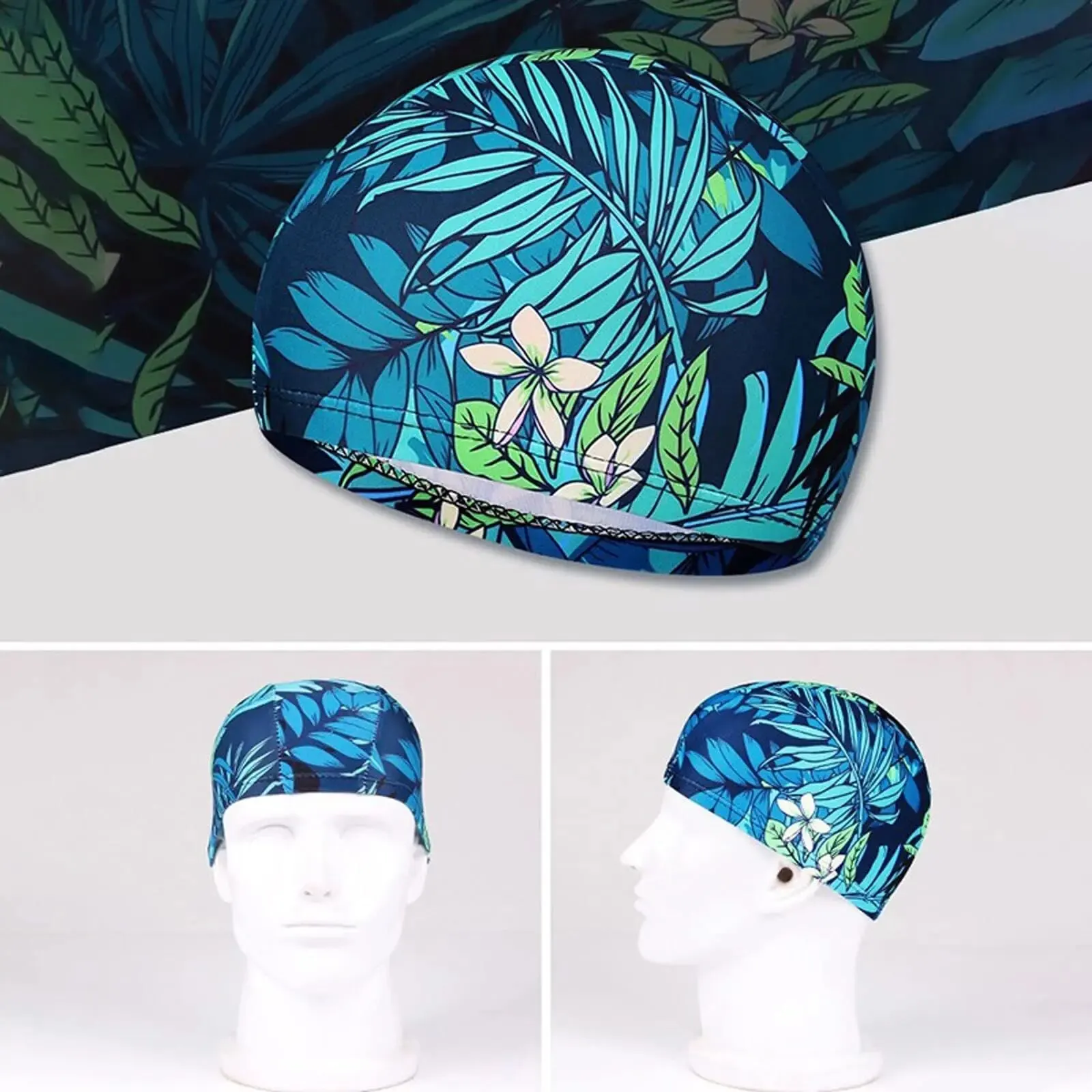 Waterproof Leaf Print Swimming Cap with Ear Protection and Non-Slip Design for Adults - Perfect for Pool, Beach, and Summer Fun