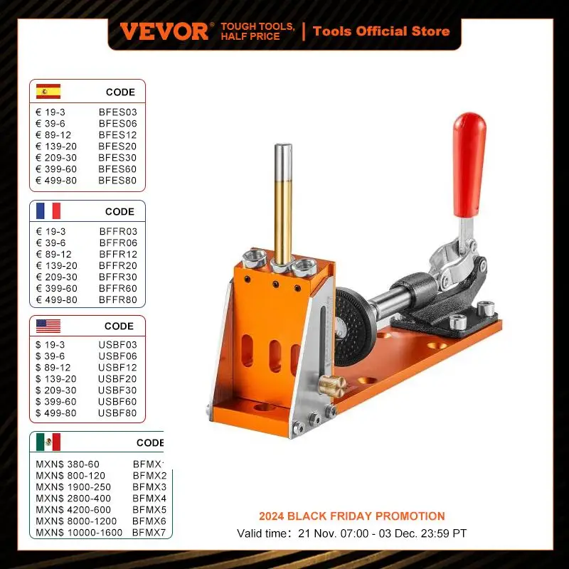 VEVOR 30 Pcs Pocket Hole Jig Kit Adjustable & Easy to Use Pocket Hole Jig System with Step Drills Wrenches Drill Stop Rings