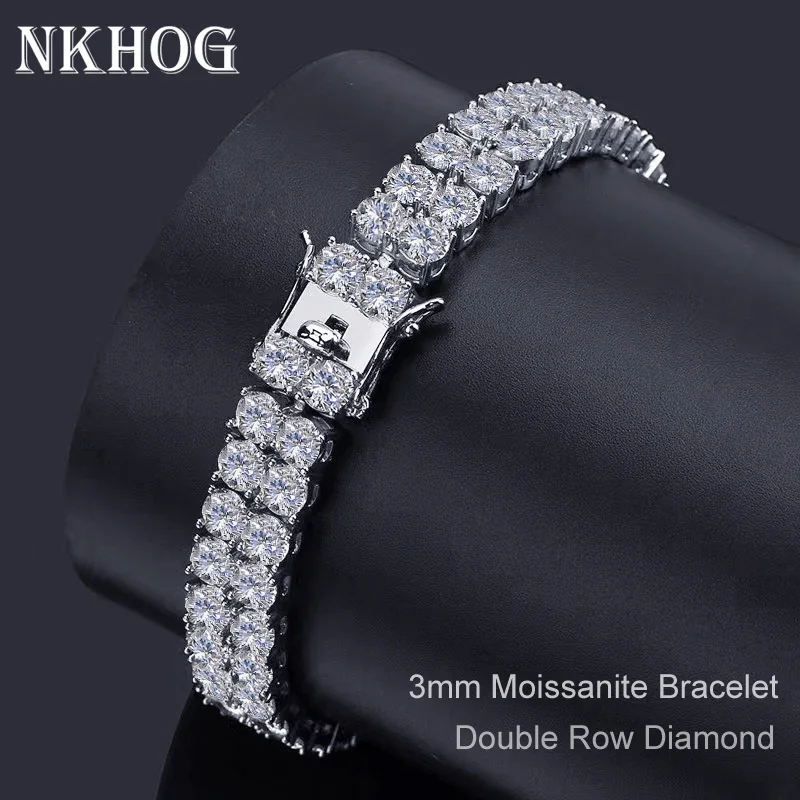 Double Row 3mm Moissanite Tennis Bracelet White Gold Plated 925 Sterling Silver D VVS Lab Diamond Wrist Bangle Women Pass Tester