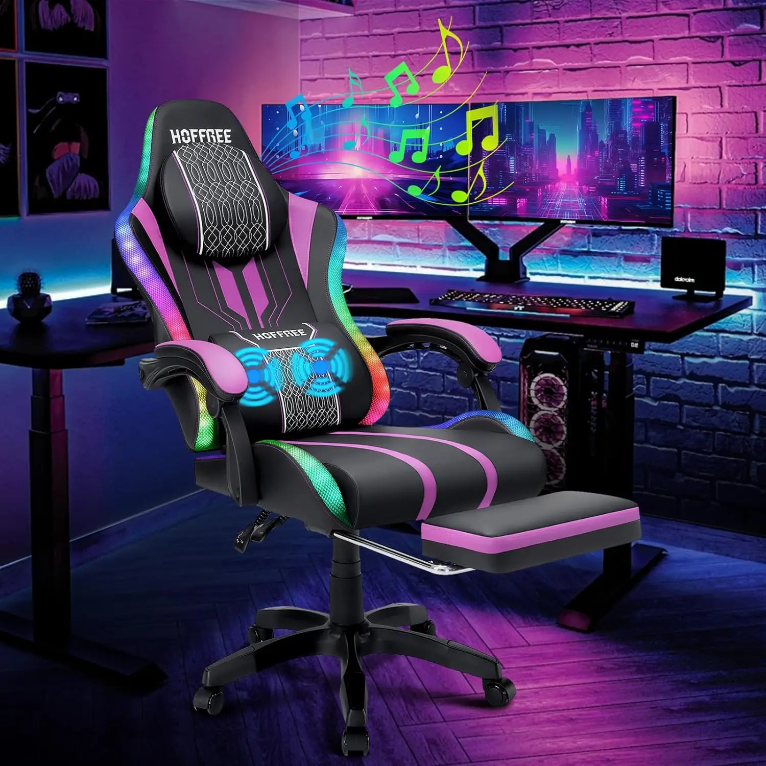 

HOFFREE LED Gaming Chair Massage with Speakers Game Chair Big and Tall with Footrest Gamer for 400lbs Computer Desk