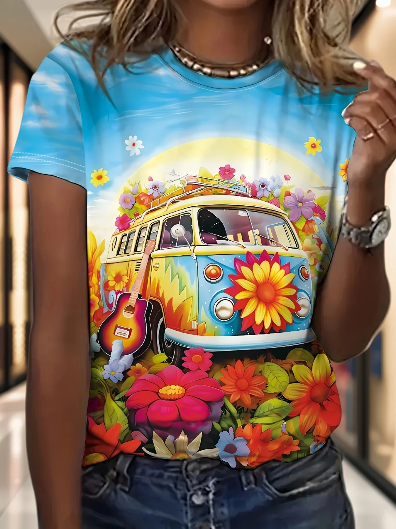 Women Crew Neck Short Sleeve T‑shirt Retro Hippie Van Colorful Flower Guitar Sunshine Summer Casual Graphic Tops
