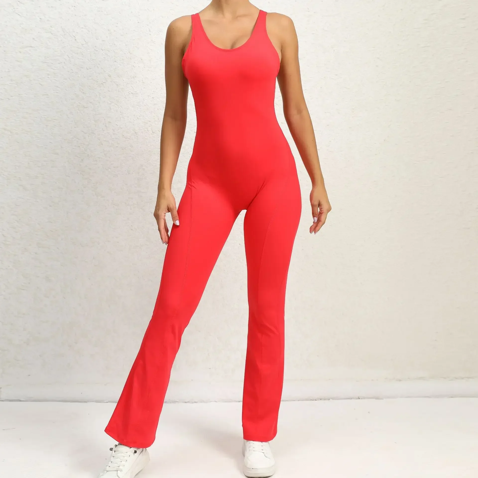 Summer Hollow Backless Flare Jumpsuit Gym Women One Piece Yoga Jump Suit Sleeveless Dance Fitness Sport Overalls White Red Black