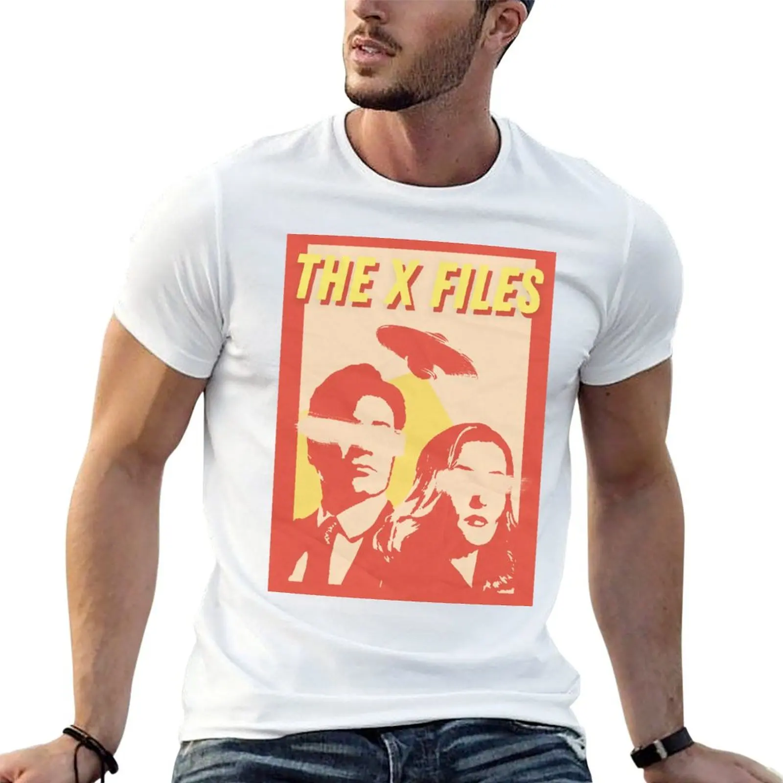 Vintage Retro Inspired X Files Gillian Anderson David Duchovny Poster T-Shirt Minimalist Plain Crew Neck T-Shirt