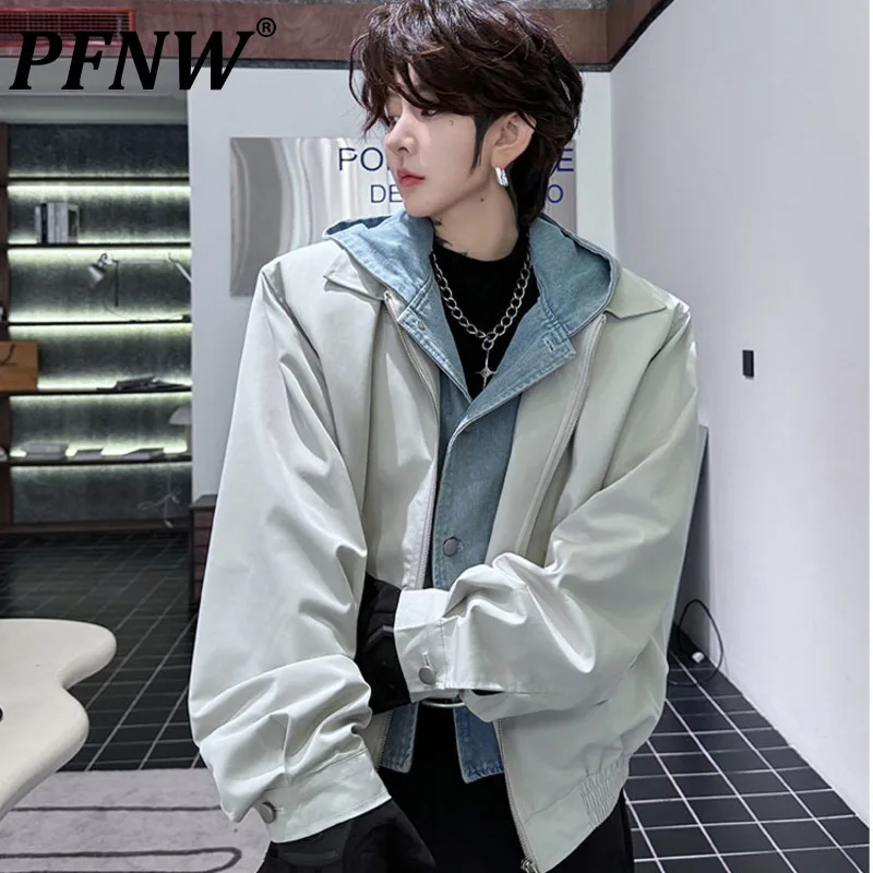 PFNW Niche Colorblock Fake Two Pieces Splicing Lapel Denim Hooded Men's Oversize Jacket Loose Silhouette Trendy New Coat 9C5063