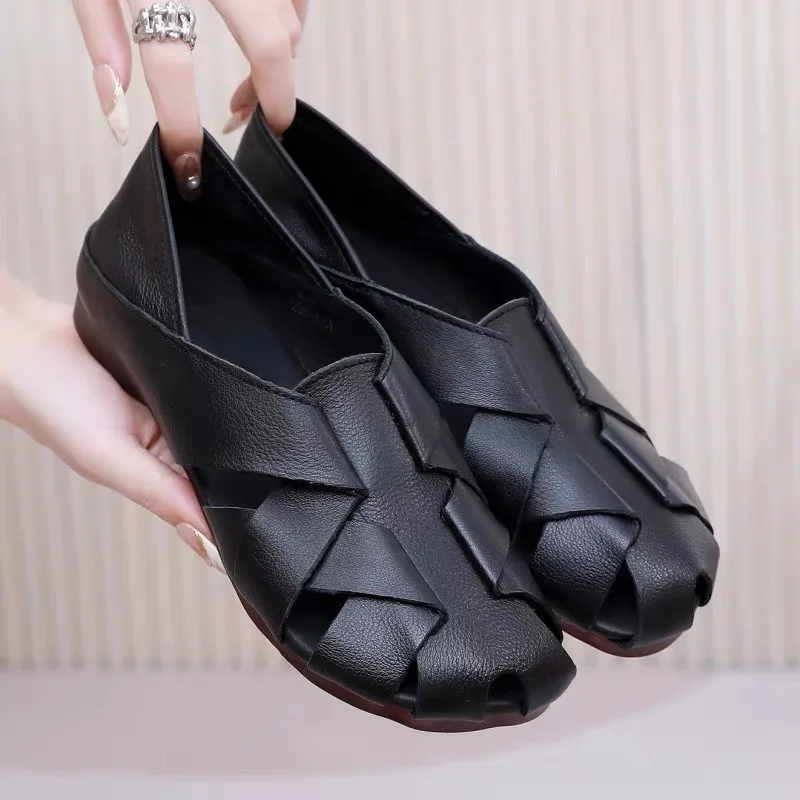 New roman boat shoes women's cowhide leather flats lazy shoes woman woven loafers wide fit autumn flat driving shoes lady flats
